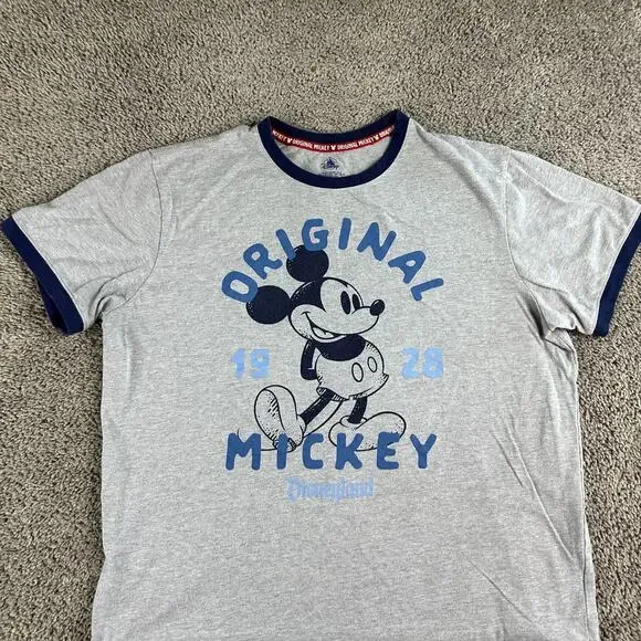 Disney Shirt Mens Large Gray Blue Mickey Mouse Ringer Short Sleeve Walt Disney - Picture 3 of 9